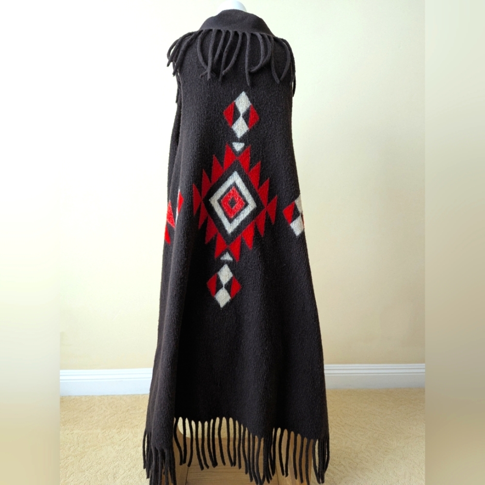 Brown Open Floor Length Poncho with Red and White Geometric Design